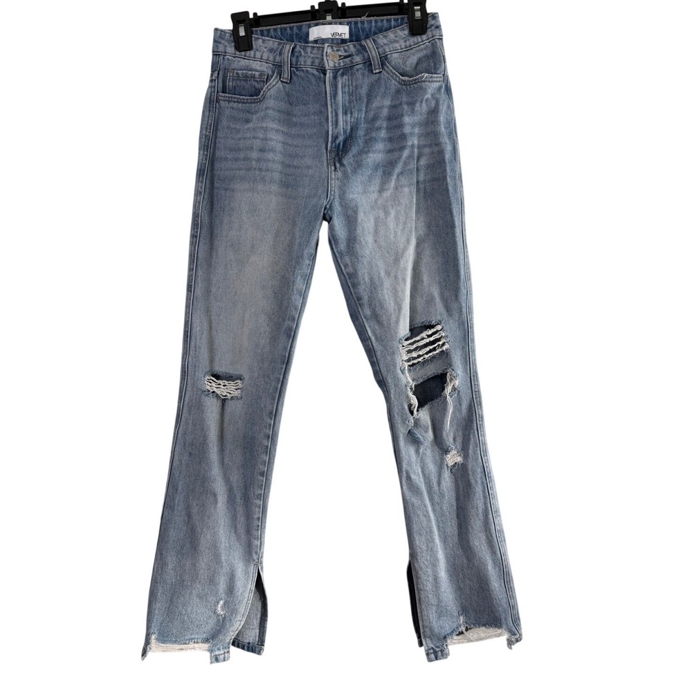 Vervet Womens‎ Light Wash Distressed Split Raw Hem Straight Leg Jeans V2538